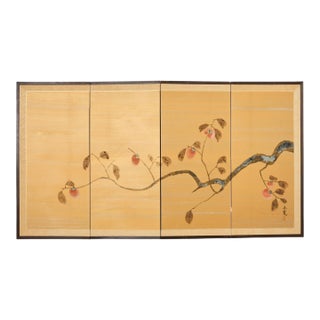 Japanese Showa Four Panel Screen Persimmon Branch in Snow For Sale