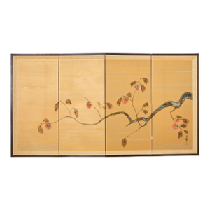 Japanese Showa Four Panel Screen Persimmon Branch in Snow