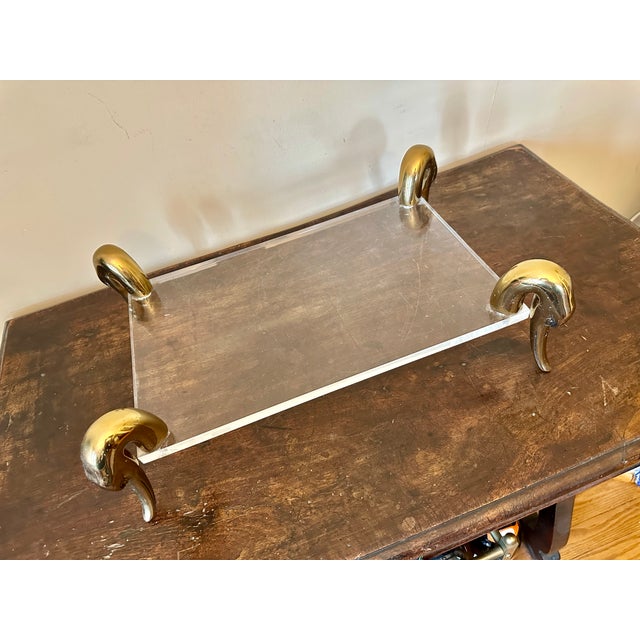 1970s-80s Lancelle lucite vanity tray with figural brass swan/ goose heads.