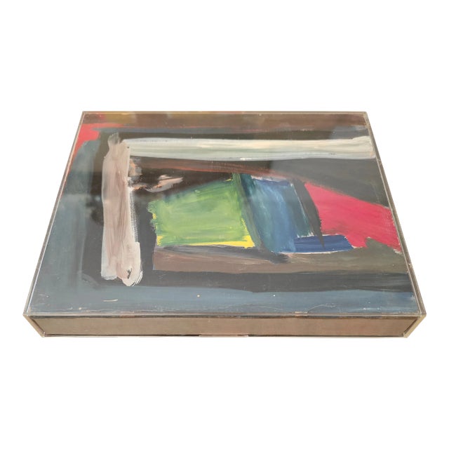 1970s Mid Century Modern Small Abstract Painting in Lucite Frame For Sale