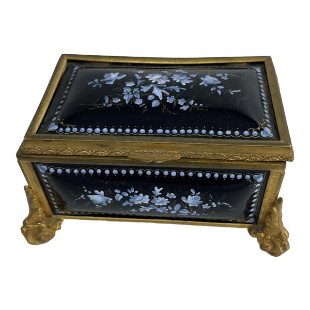19th Century Limoges Hand Painted Porcelain Keepsake Box With Brass Footing For Sale