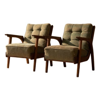 Vintage Lounge Chairs with Wooden Frames and Green Upholstery, 1950s, Set of 2 For Sale