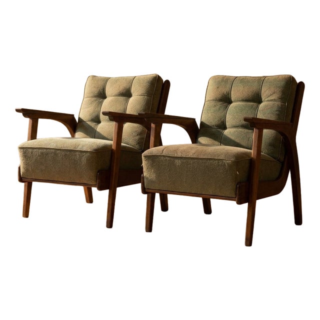 Vintage Lounge Chairs with Wooden Frames and Green Upholstery, 1950s, Set of 2 For Sale
