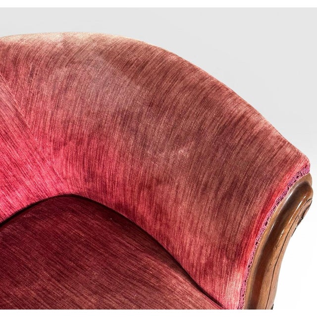 Antique Victorian Carved Walnut Triple Back Cranberry Velvet Settee For Sale - Image 12 of 18