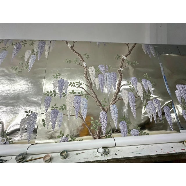 Chinoiserie Single Hand Painted Silver Leaf Chinoiserie Wallpaper Panel, Wisteria Floral Mural, Custom Size Available For Sale - Image 3 of 6