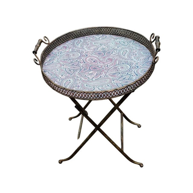 Mid-Century Modern Brass, Copper and Iron Folding Galleried Tray Table For Sale - Image 3 of 7