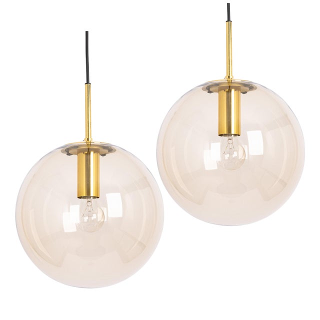 Large Vintage Brass with Smoked Glass Ball Pendant Light from Limburg, Germany, 1970s For Sale