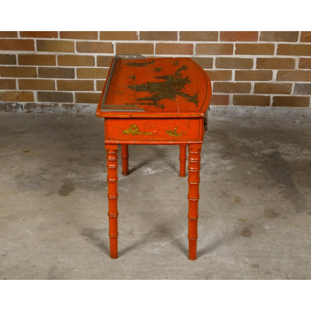 English Red Lacquer Faux Bamboo 19th Century Desk with Gilded Chinoiserie Décor For Sale In Atlanta - Image 6 of 12