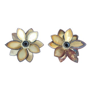 1950's French Brutalist Metalwork Flower Form Wall Sconces a - Pair For Sale