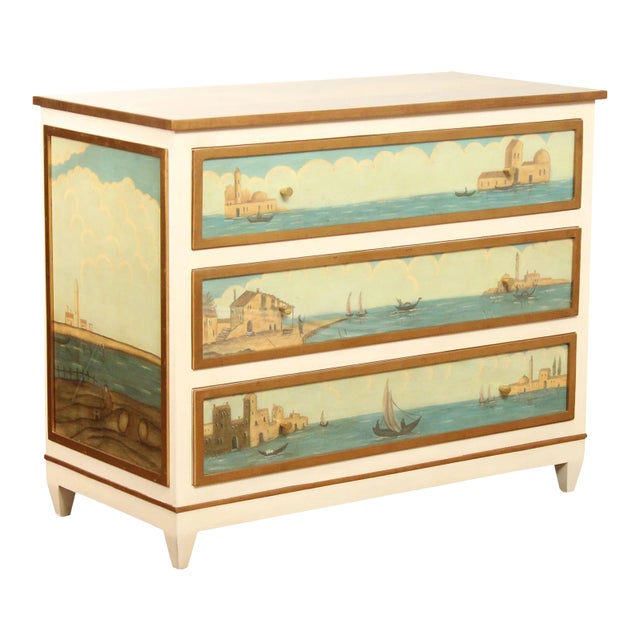 Modern History Hand Painted Venetian Three Drawer Chest Commode For Sale
