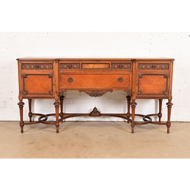 French Regency Louis XVI Carved Walnut and Burl Wood Sideboard by Johnson-Handley-Johnson Furniture, Circa 1920s For Sale - Image 13 of 13