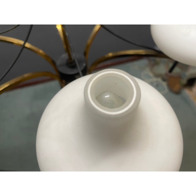 Vintage Brass and Opaline Glass Six-Light Chandelier, 1950s For Sale - Image 6 of 12