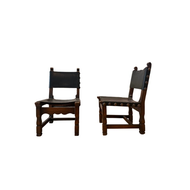 Pair of Vintage Spanish Brutalist Leather & Oak Accent Chairs For Sale In Chicago - Image 6 of 13
