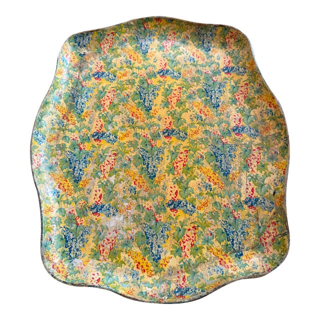Vintage Mid-Century Japanese Floral Decoupage Scalloped Bar Tray – Alcohol Proof For Sale