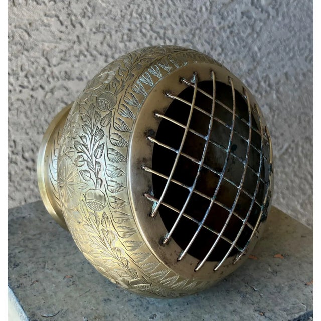 1970s Circa 1970 Engraved Floral & Foliate Ikebana-Style Brass Pedestal Base Flower Frog For Sale - Image 5 of 14