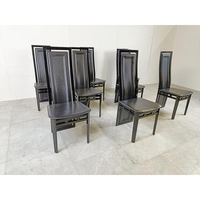 Italian Modern Lacquered Wood and Leather Dining Chairs, 1980, Set of 8 For Sale - Image 4 of 12