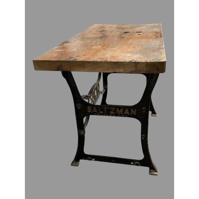 Early 20th Century Vintage Antique Industrial Saltzman Chicago Cast Iron Table With Wooden Top For Sale - Image 5 of 9