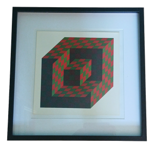 After Victor Vasarely, Isometric Cube Op Art Composition, Print, 1975, Framed