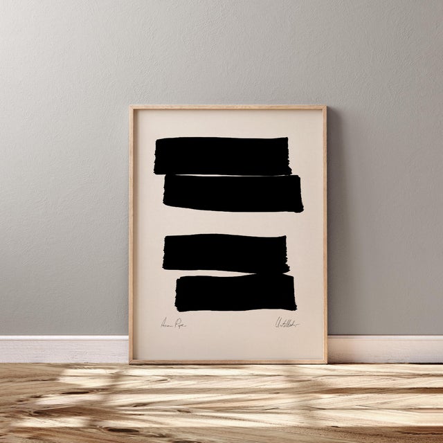 Framed abstract open edition giclee print. 24"x32" Elegant black geometrical thick lines drawing on beige background. High...