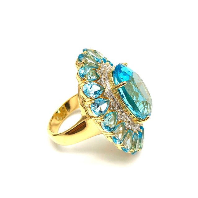 Bochic "Capri" Natural Oval Shape Blue Topaz & Diamond Set In 18K Gold & Silver Natural Round Shape Center Blue Topaz...