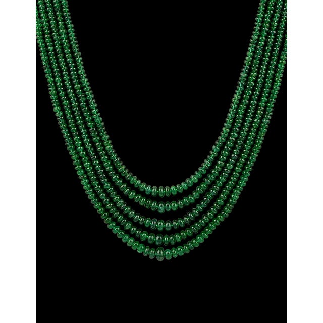 300ct Fine Emerald Beads 5 Line Necklace with 14 kt Yellow Gold Clasp Adjustable For Sale - Image 18 of 18