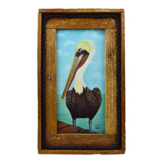 Late 20th Century Print of Coastal Pelican Bird Sitting on a Deck Frame in Lobster Trap Wood Frame For Sale