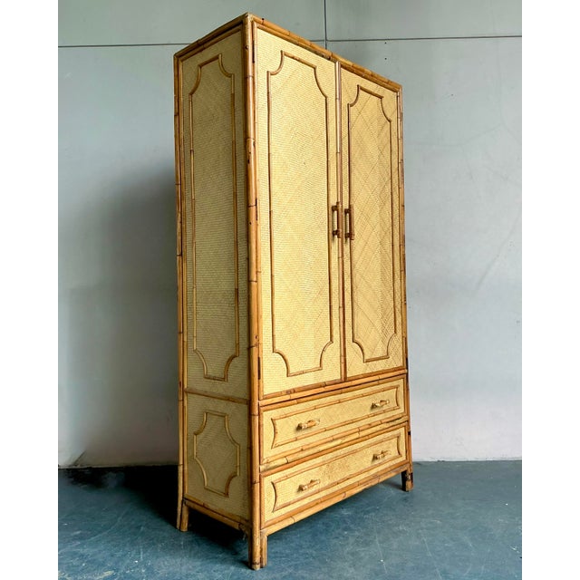 Wood Vintage Coastal Woven Rattan Armoire For Sale - Image 7 of 7