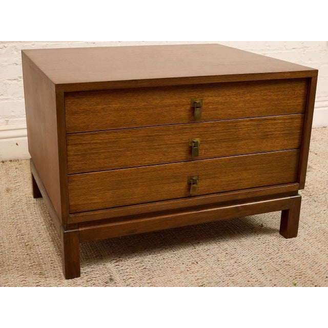 Brass Vintage Walnut Three-Drawer Nightstand With Brass Campaign Hardware For Sale - Image 8 of 12
