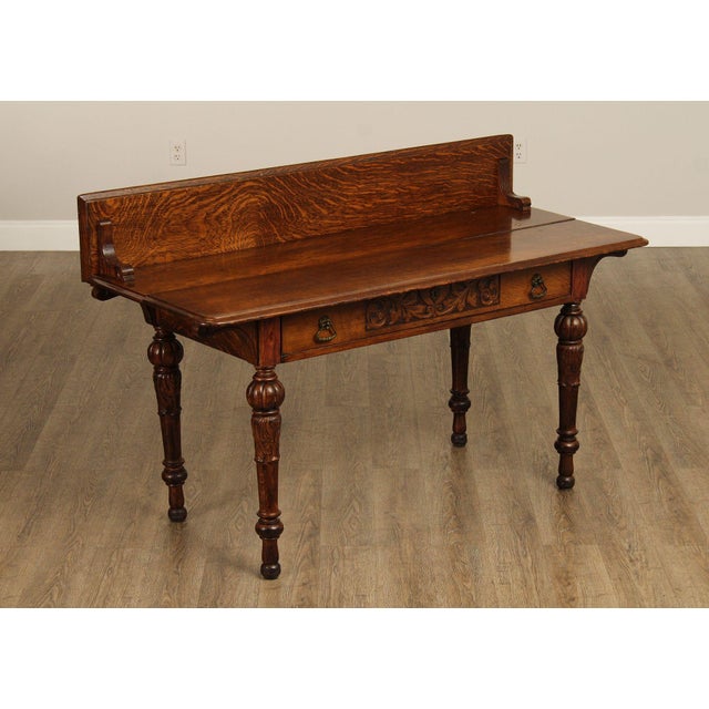 High Quality Antique 19th Century Carved Oak Server or Writing Desk with Single Foliate Carved and Dovetailed Drawer