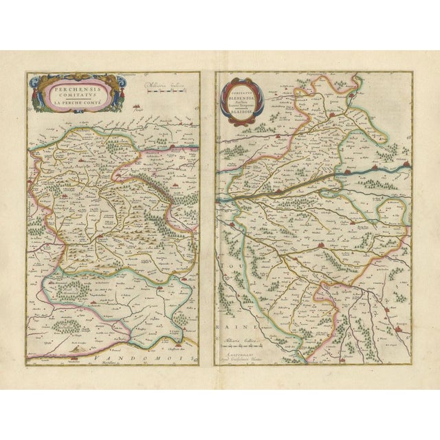 Antique Double Map of Perche, Blois, Orléans and Tours from Blaeu, 1642 For Sale - Image 3 of 10