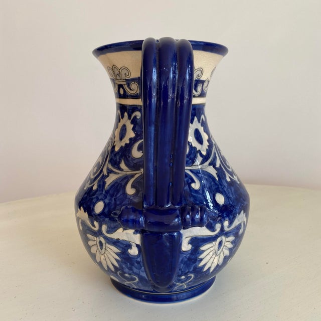 Vintage 1990s Blue &White Ceramic Italian Hand Painted Pitcher For Sale - Image 4 of 8