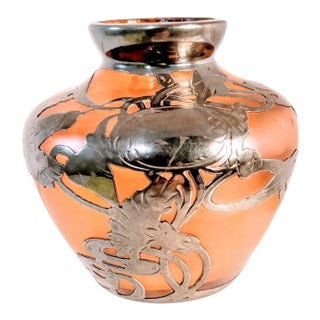 Vintage Art Glass Sterling Silver Overlay Vase For Sale