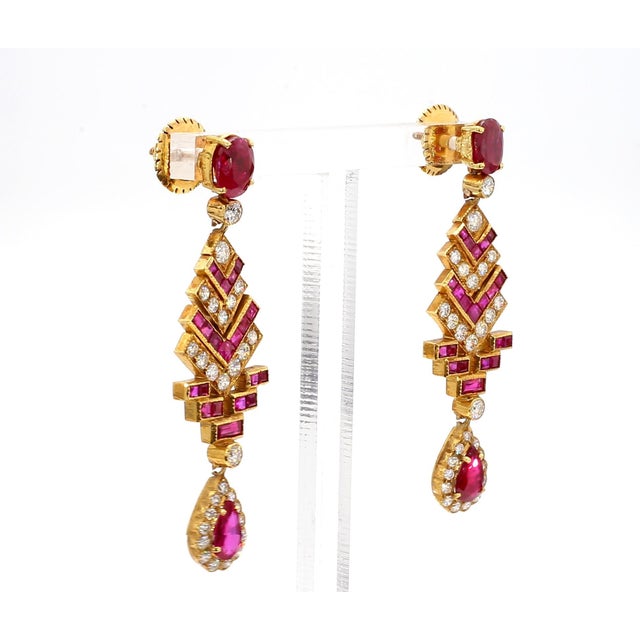Red 1980s 4 Carat Ruby and 3 Carat Diamond Art Deco Style 14k Earrings - 2 Pieces For Sale - Image 8 of 9