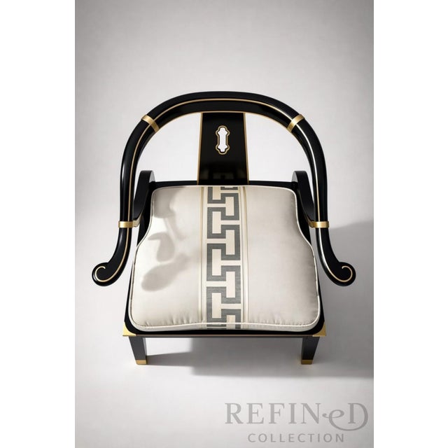 Wood 1980s Pair of James Mont–Style Black Lacquer & Brass Lounge Chairs by Century Furniture in Colefax & Fowler Silk For Sale - Image 7 of 16