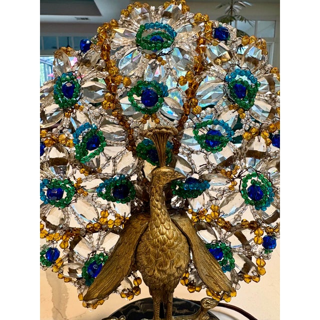 VIntage Art Deco Crystal and Brass Czechoslovakian Beaded Peacock Lamp For Sale - Image 4 of 14