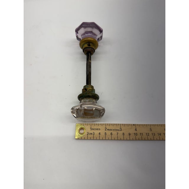 1920s Antique Victorian Sun-Purple Amethyst & Clear Glass Doorknob Set With Spindle For Sale - Image 5 of 6