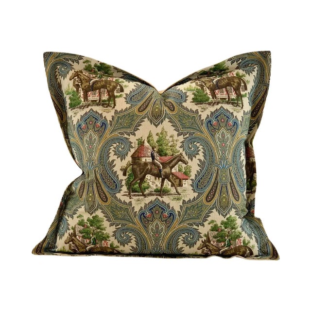 2020s Designer P Kaufmann Teal Tan Green Horse Jockey Equestrian Paisley Toile Pillow Covers- Pair 25" For Sale - Image 5 of 6