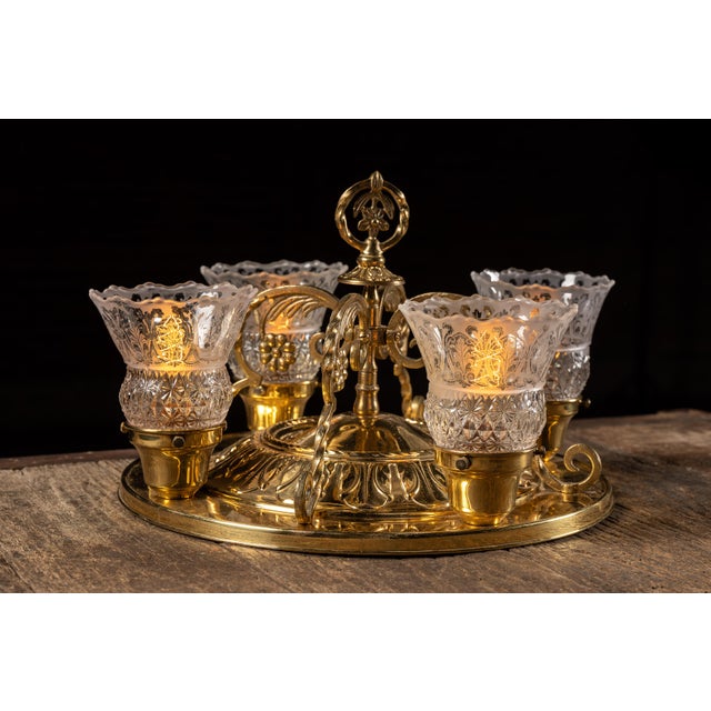 American Vintage Four-Lamp Flush Mount Brass Light Fixture With Floral Motif For Sale - Image 3 of 17