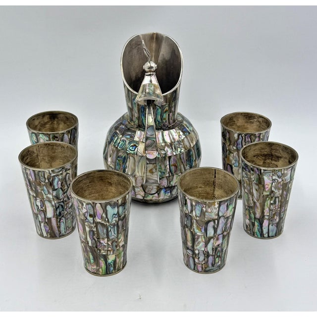 Contemporary 1960s Mexican Alpaca Silver & Abalone Bird of Paradise Pitcher Set - 7 pcs For Sale - Image 3 of 18