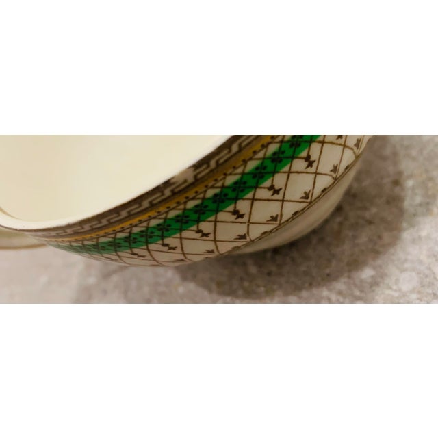 Antique English Bone China J & G Meakin Tea, Coffee Cup & Saucer, Westminster Pattern Featuring an Intricate Green & Gold Band on White- Set of 6 For Sale - Image 9 of 12