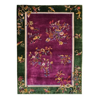 Vintage Chinese Art Deco Area Rug, Handwoven Wool Pile, Floral Design, 4' x 6' For Sale