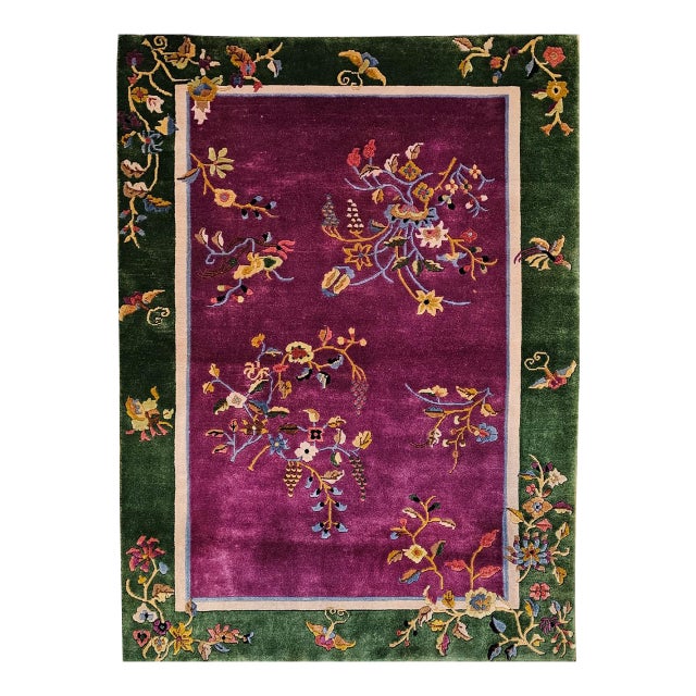 Vintage Chinese Art Deco Area Rug, Handwoven Wool Pile, Floral Design, 4' x 6' For Sale
