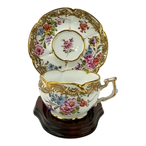 19th Century French, Boudois & Bloch Floral Gold-Trimmed Cup & Saucer Set