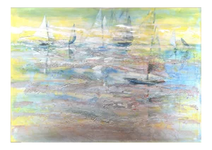 Large Vintage Expressionist Abstract Seascape Painting With Sailboats