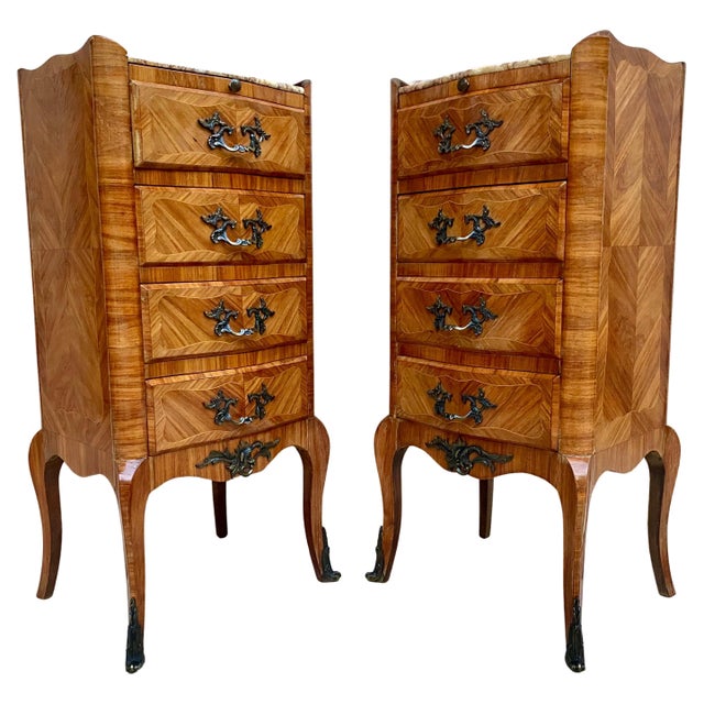 Brown Late 19th Century Louis XV Style French Marquetry and Marble Chests of Drawers For Sale - Image 8 of 18