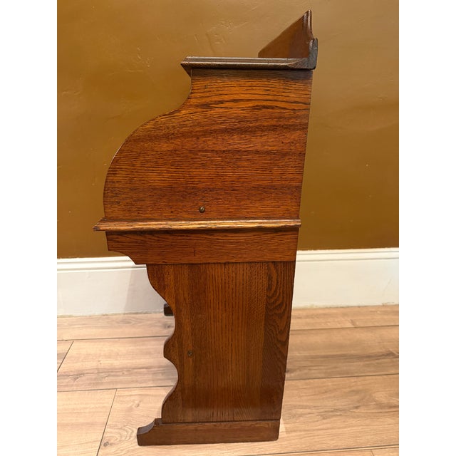 Antique Quarter Sawn Solid Oak Child's Roll Top Trestle Desk - Original Brass For Sale - Image 12 of 13