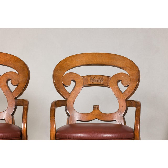 Brown Swivel Bar Stools with Carved Backs and Faux Leather Seats – Set of 3 For Sale - Image 8 of 12