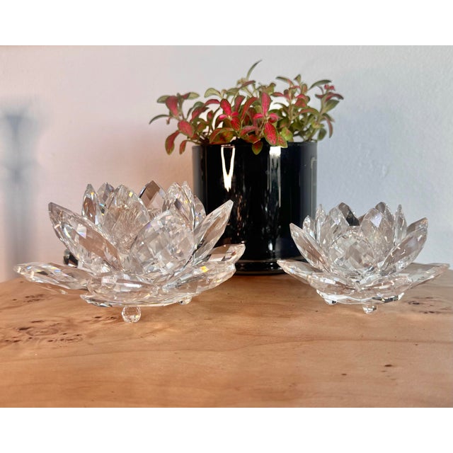 Glass Swarovski Crystal Water Lily Lotus Flower Candle Holders (Set of 2, One Large, One Small) For Sale - Image 7 of 11