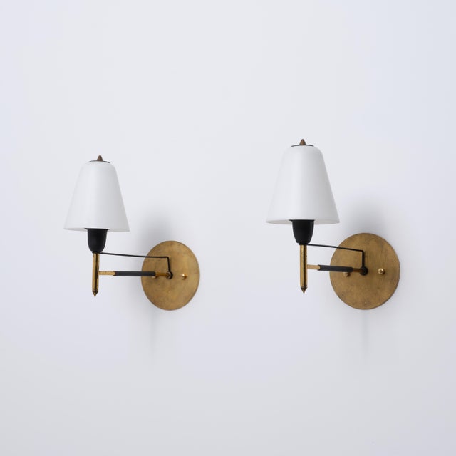 Italian Brass and Opaline Glass Wall Sconces, 1950s, Set of 2 For Sale - Image 10 of 13