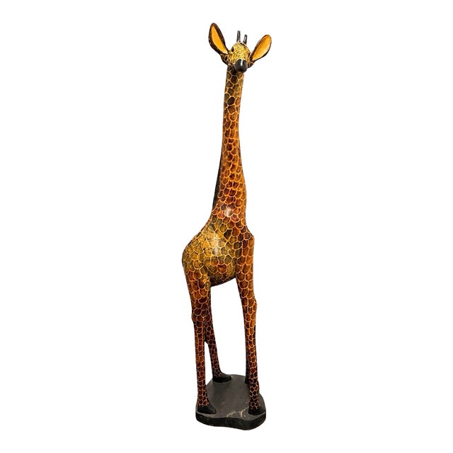Late 20th Century Large Hand-Carved Hand-Painted African Wooden Giraffe Sculpture Floor Statue 60” Safari Decor For Sale